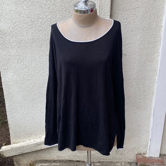 Vince black 100% cotton stretchy scooped neck thin oversized sweater top - Picture 2 of 11